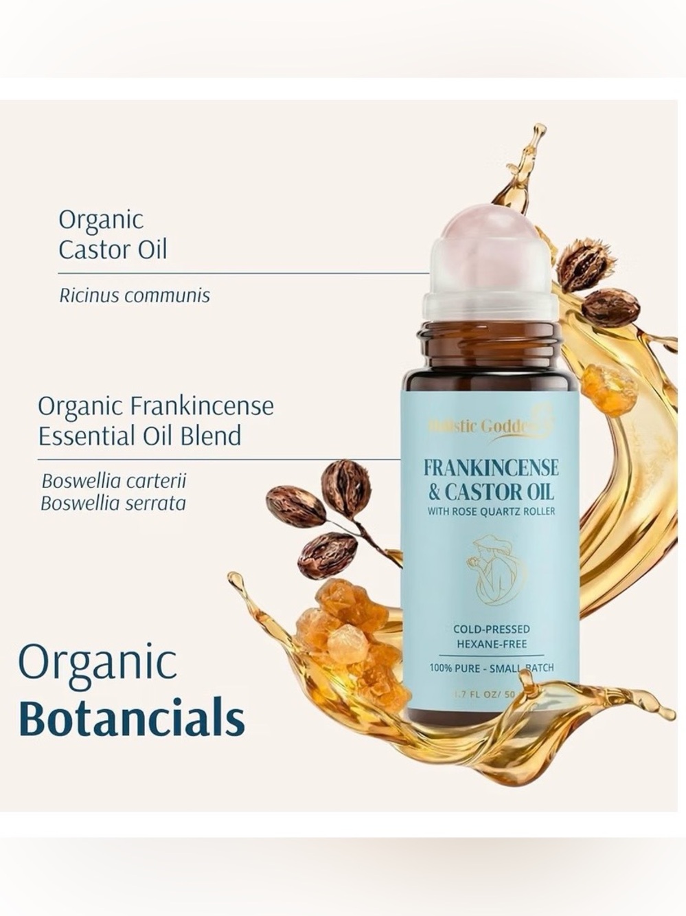 Holistic Goddess Frankincense & Castor Oil with Rose Quartz Roller NIB 1.7 oz